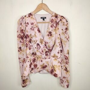 Express Pink Floral Chiffon Blouse Top Faux Wrap Sheer Sleeve